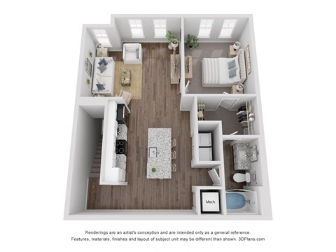 Floor plan for 1 bed, 1 bath, 942 sqft